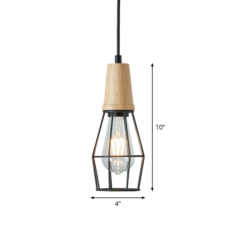 Rustic Iron Cage/Barn/Pot Shaped Pendant Light With Wood Socket - Black 1-Bulb Perfect For