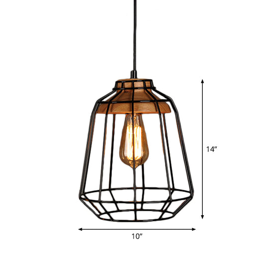 Rustic Iron Cage/Barn/Pot Shaped Pendant Light With Wood Socket - Black 1-Bulb Perfect For
