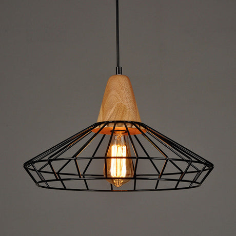 Rustic Iron Pendant Light - Black Cage/Barn/Pot Shaped 1 Bulb Restaurant Hanging Ceiling With Wood