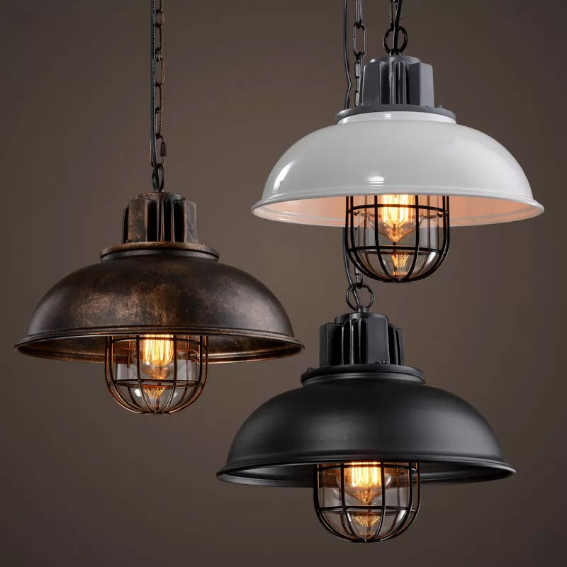 Country Iron 1-Light Pendant Lamp With Cage And Inner Glass Shade - Bowl Bistro Hanging Light Kit