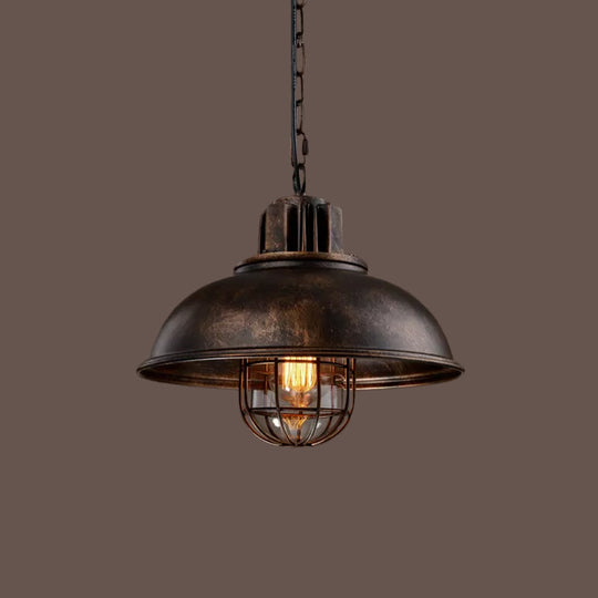 Country Iron 1-Light Pendant Lamp With Cage And Inner Glass Shade - Bowl Bistro Hanging Light Kit