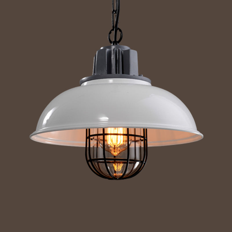 Country Iron 1-Light Pendant Lamp With Cage And Inner Glass Shade - Bowl Bistro Hanging Light Kit