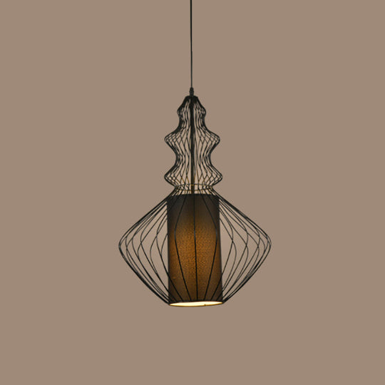 Retro Gourd Shaped Iron Pendant Light With Fabric Shade - Black 1 Bulb Stylish Ceiling Hanging