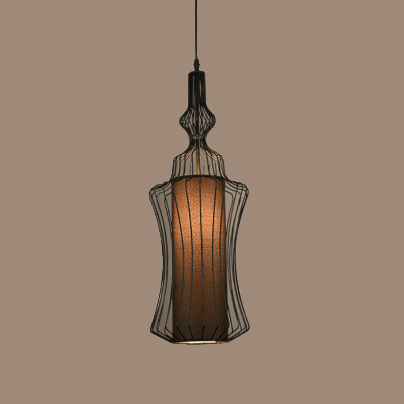 Retro Gourd Shaped Iron Pendant Light With Fabric Shade - Black 1 Bulb Stylish Ceiling Hanging