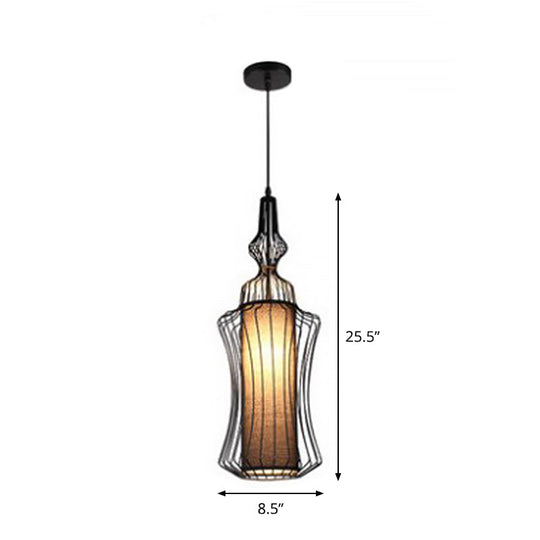 Retro Gourd Shaped Iron Pendant Light With Fabric Shade - Black 1 Bulb Stylish Ceiling Hanging