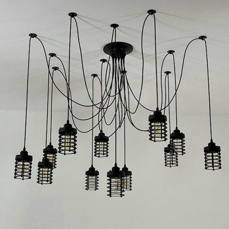 12-Head Swag Pendant Lamp For Farmhouse Bedroom - Multi Light Ceiling Fixture With Black Iron Cage