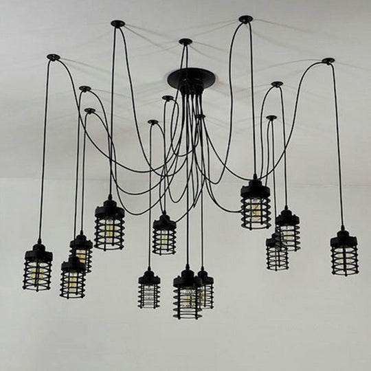 12-Head Swag Pendant Lamp For Farmhouse Bedroom - Multi Light Ceiling Fixture With Black Iron Cage