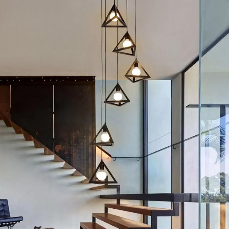 Vintage Triangle Metal Pendant Light - 6-Bulb Cluster Hanging Ceiling In Black