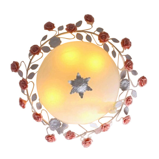 Rose Frosted Glass Flush Mount Ceiling Light For Bedrooms - 3 Lights Pastoral Design In White
