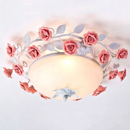 Rose Frosted Glass Flush Mount Ceiling Light For Bedrooms - 3 Lights Pastoral Design In White