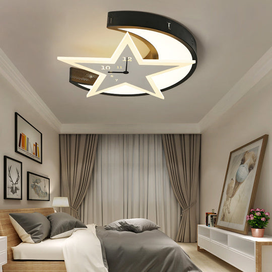 Kid’s Bedroom Flushmount Ceiling Lamp With Star And Moon Cartoon Leds White / 18’ Warm