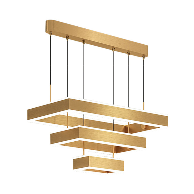 Postmodern Acrylic Gold Finish Led Chandelier - 2/3 Tiers Square/Rectangle Pendant Light For Living