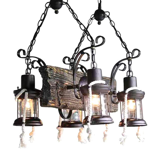 Lustre industriel en verre transparent avec accents de bois pour plafond de restaurant - Suspension lanterne 4/6 têtes