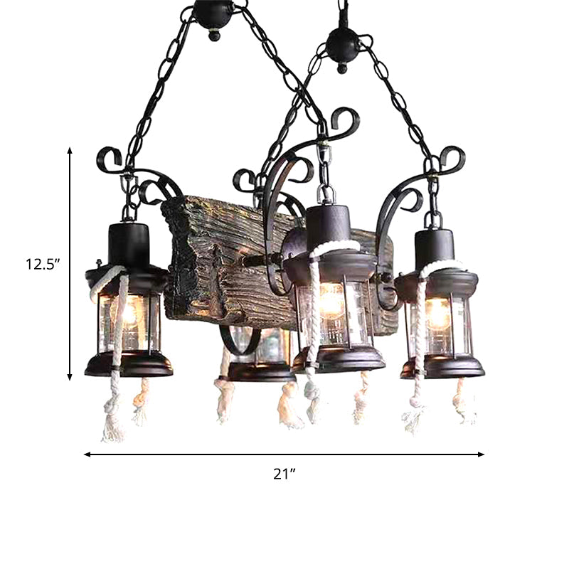 Lustre industriel en verre transparent avec accents de bois pour plafond de restaurant - Suspension lanterne 4/6 têtes