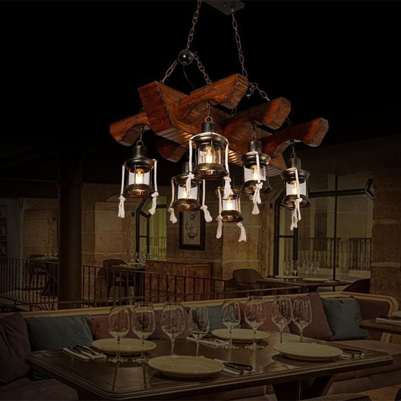Lustre industriel en verre transparent avec accents de bois pour plafond de restaurant - Suspension lanterne 4/6 têtes
