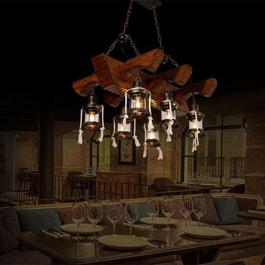 Lustre industriel en verre transparent avec accents de bois pour plafond de restaurant - Suspension lanterne 4/6 têtes