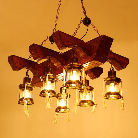 Lustre industriel en verre transparent avec accents de bois pour plafond de restaurant - Suspension lanterne 4/6 têtes