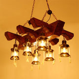 Industrial Lantern Chandelier Pendant Light With Clear Glass And Wood Finish - 4/6 Heads For