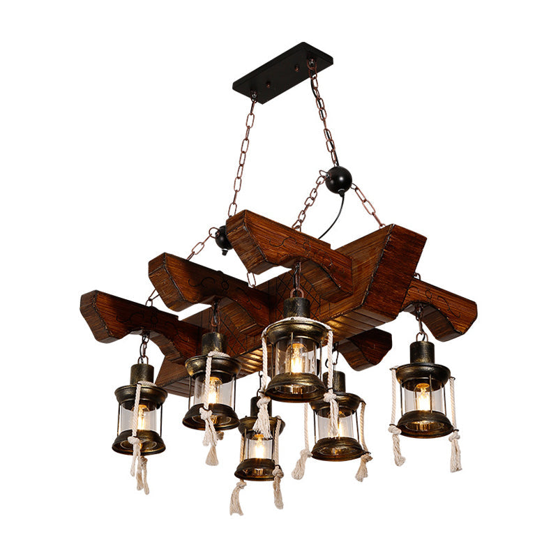 Industrial Clear Glass Chandelier With Wood Accents For Restaurant Ceiling - 4/6 Heads Lantern