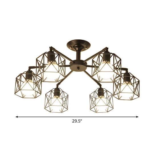 Iron Wire Cage Rotating Ceiling Chandelier - Warehouse Pendant Lamp 4/6/8-Light In Black