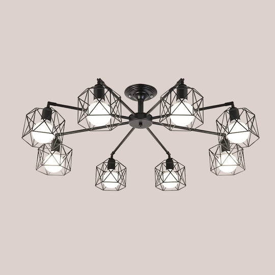 Iron Wire Cage Rotating Ceiling Chandelier - Warehouse Pendant Lamp 4/6/8-Light In Black