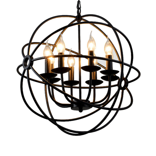 6-Bulb Spherical Hanging Light: Black Iron Chandelier Pendant For Restaurants