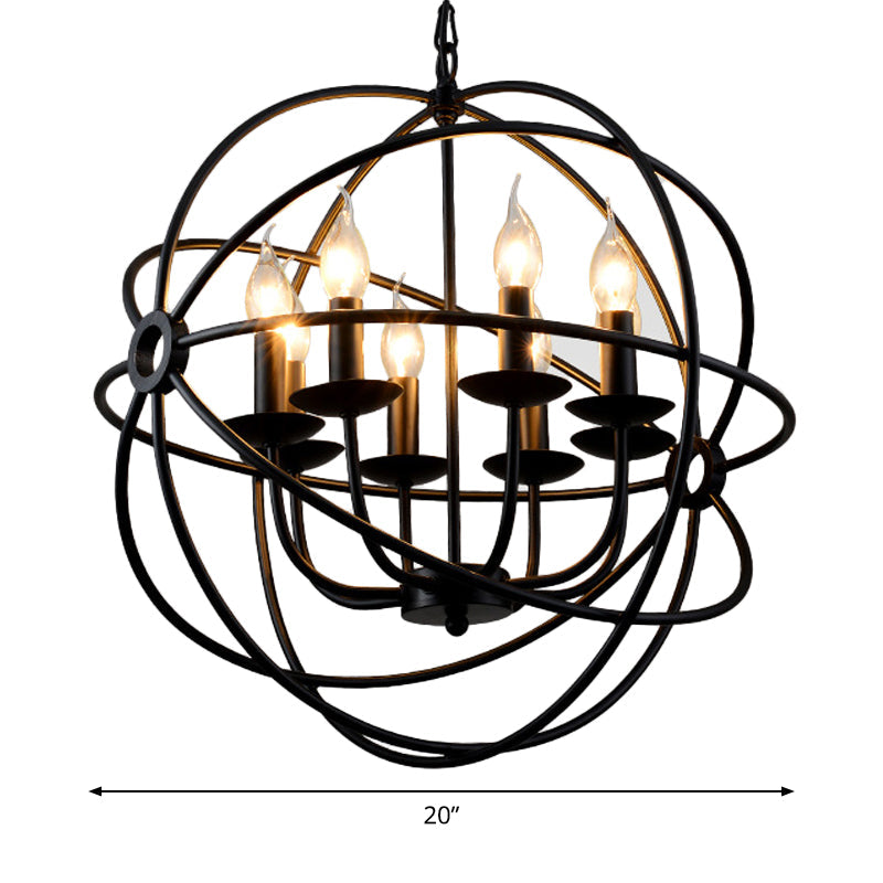 6-Bulb Spherical Hanging Light: Black Iron Chandelier Pendant For Restaurants