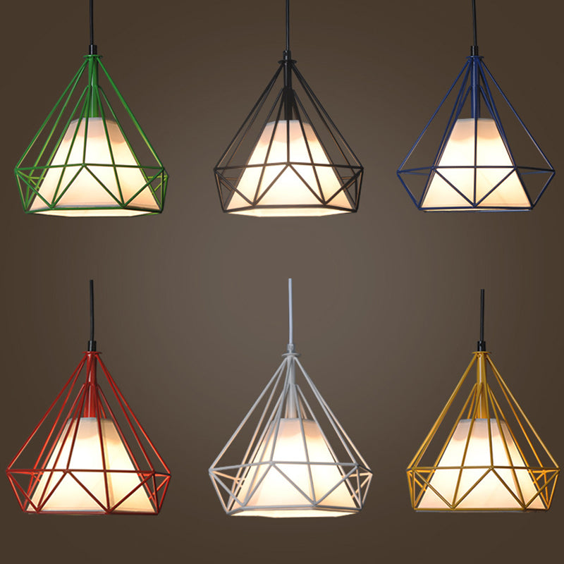 Diamond Loft Ceiling Hang Lamp - 1 Head Iron Pendant Lighting In Black/White/Green With Cone Fabric