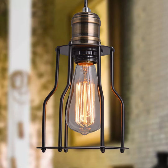 Black Metal Cage Single-Bulb Pendant Light For Warehouse Suspension