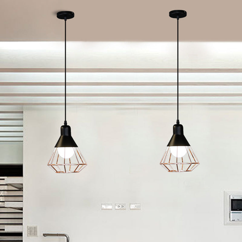 Black And Rose Gold Drop Pendant Ceiling Light - Loft Style Iron Cone/Cage Design
