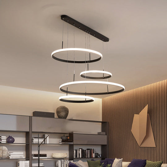 Minimalist 4-Head Led Chandelier Pendant Lamp With Outer Glow Black/Coffee Circle Acrylic Shade
