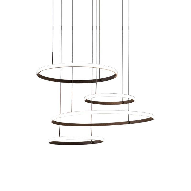 Minimalist 4-Head Led Chandelier Pendant Lamp With Outer Glow Black/Coffee Circle Acrylic Shade