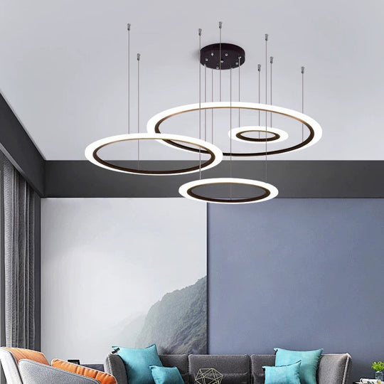 Modern Led Hanging Chandelier - Black Tiered Halo Ring Design With Acrylic Shade
