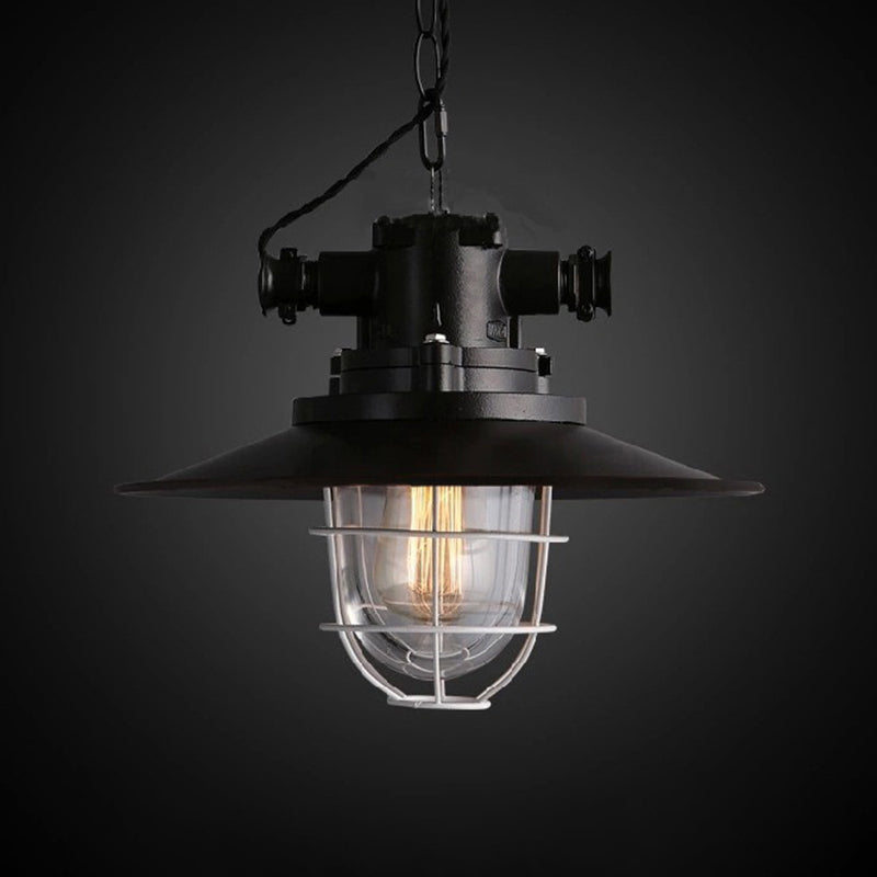 Black Metal Pendant Light With Wire Cage And Glass Shade – 1-Light Hanging Lamp Kit