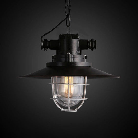 Black Metal Pendant Light With Wire Cage And Glass Shade – 1-Light Hanging Lamp Kit