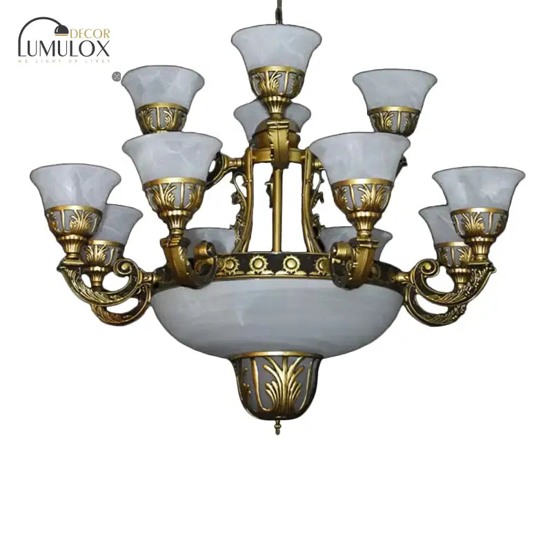 Traditional Style Bell Chandelier 15 Heads Alabaster Glass Up Hanging Ceiling Light In Brass