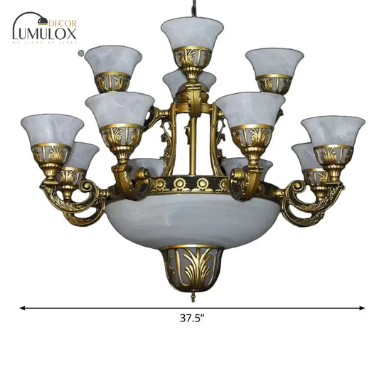 Traditional Style Bell Chandelier 15 Heads Alabaster Glass Up Hanging Ceiling Light In Brass