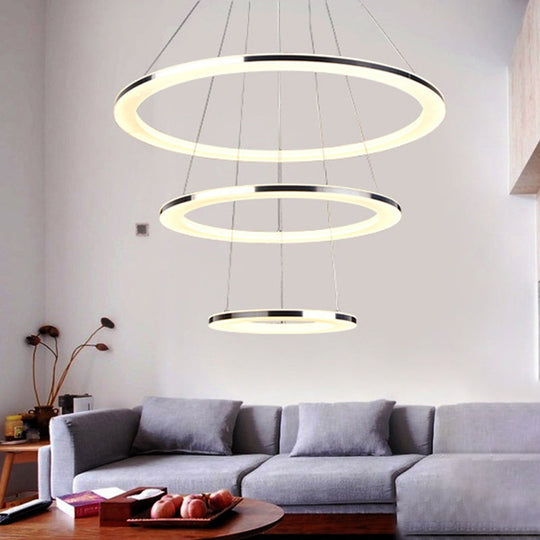 Minimal Silver Circle Led Pendant Chandelier - 3 Lights Acrylic Small/Large Warm/White Light