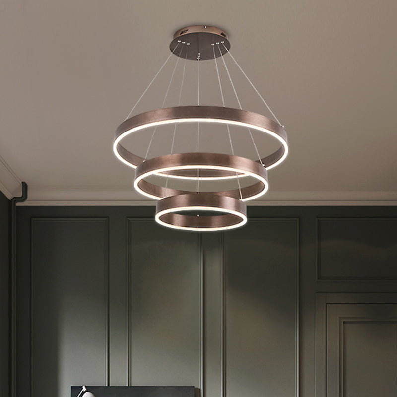 Minimalist Metal Led Chandelier | Circular Living Room Pendant Light 3 Heads Coffee/Gold Coffee
