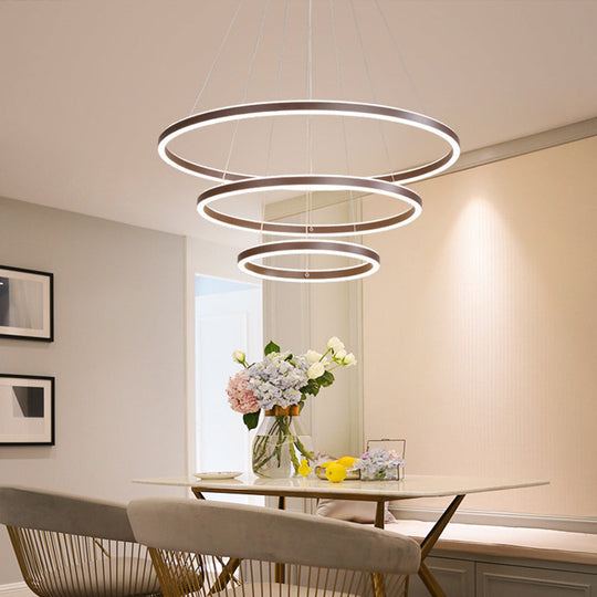 Minimalist Brown Ring Chandelier With Acrylic Led For Dining Room - 2/3/4 Tiers / 3