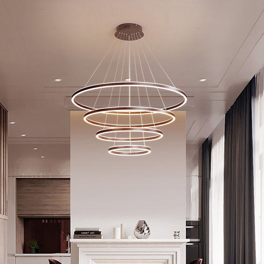 Brown 4 Tier Minimalistic Acrylic Led Ring Chandelier For Dining Room