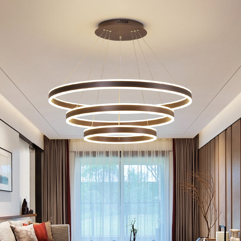 Simplicity 2/3-Tier Coffee Metal Circle Chandelier Lamp With Led For Hanging Pendant In Sit Room / 3