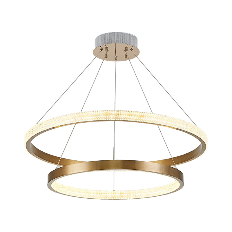 Postmodern Aluminum Led Chandelier With Gold Finish - 2/3 Tiered Hoop Pendant Light