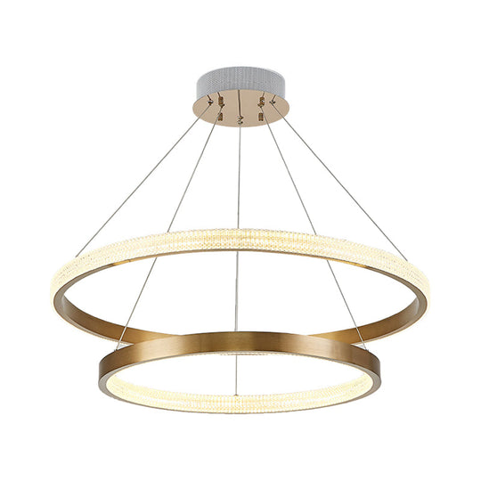 Postmodern Aluminum Led Chandelier With Gold Finish - 2/3 Tiered Hoop Pendant Light