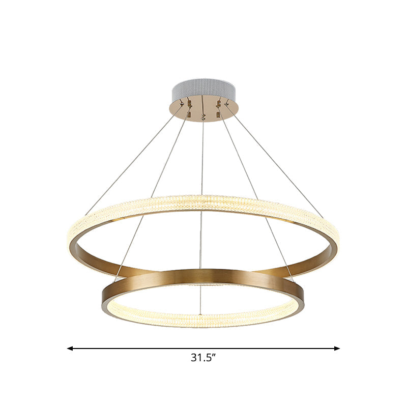 Postmodern Aluminum Led Chandelier With Gold Finish - 2/3 Tiered Hoop Pendant Light