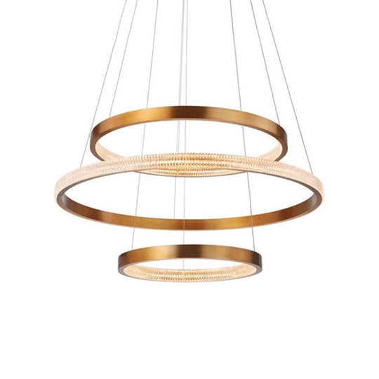 Postmodern Aluminum Led Chandelier With Gold Finish - 2/3 Tiered Hoop Pendant Light