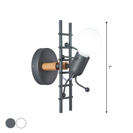 Modern Grey/White Wood Ladder Man Wall Sconce - 1-Bulb Metallic Mounted Light Fixture