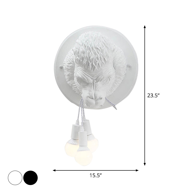Orangutan Wall Mounted Lamp: Decorative Resin Sconce With 3 Lights For Porch In Black/White
