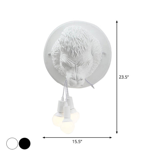 Orangutan Wall Mounted Lamp: Decorative Resin Sconce With 3 Lights For Porch In Black/White