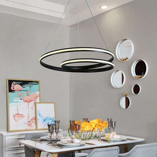 Sleek Spiral Line Chandelier: Black/White 18’/23.5’ Wide Led Pendant Lamp In Warm/White Light